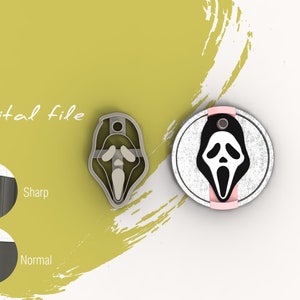 May include: Digital file for a Scream mask cookie cutter. The image shows the cutter in two views, one with a sharp edge and one with a normal edge. The image also shows a tumbler with a Scream mask design.