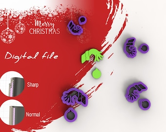 May include: A digital file featuring Christmas-themed cookie cutter designs. The image shows various cookie cutter shapes, including hands and baubles, in purple and green. The words "Merry Christmas" and "Digital file" are also visible.