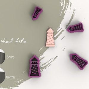 Puede incluir: Descarga de archivo digital para un conjunto de cinco cortadores de galletas con forma de faro. Los cortadores son de color rosa y morado con un diseño a rayas. El texto "Archivo digital" es visible en la imagen.