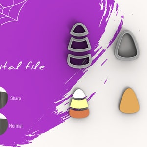 May include: A digital file for a candy corn cookie cutter. The image shows the cutter in three pieces, with a sample of a cookie cut out in the shape of a candy corn. The text "Digital file" is visible in the image.