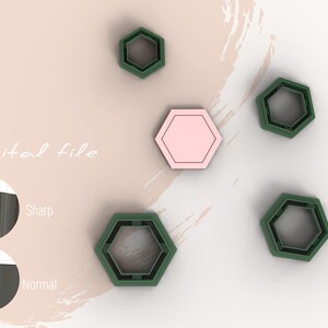 May include: Set of five green hexagon cookie cutters, one with a pink hexagon inside. The cutters are arranged on a white background with a pink and white brushstroke pattern. The text "Digital File" is visible in the image.