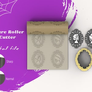 May include: A digital file for a texture roller and cutter featuring a silhouette of a woman in a frame. The roller has a brown paper covering and the cutter is gold. The text "Texture Roller & Cutter" and "Digital file" is visible in the image.