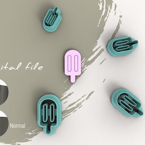May include: A collection of popsicle-shaped cookie cutters in teal and pink. The image includes the text "Digital file" and a diagram labeled "Normal". These cutters are designed for creating treats.