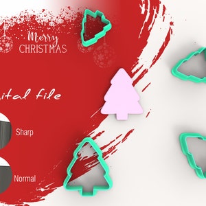 May include: Digital file for a Christmas tree cookie cutter. The image shows four cookie cutters, three are turquoise and one is pink. The cookie cutters are on a white surface with a red background. The text "Merry Christmas" and "Digital file" are visible in the image.