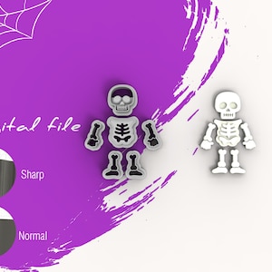 May include: Digital file for a Halloween cookie cutter in the shape of a skeleton. The skeleton is made up of six pieces: a skull, ribcage, two arms, and two legs. The cookie cutter is shown in both a sharp and normal version.
