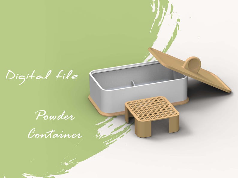 May include: A white powder container with a wooden lid and a separate wooden stand. The lid has a handle and the stand has a lattice design.