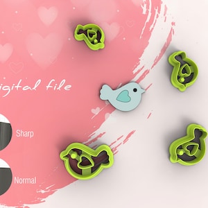 May include: A set of five cookie cutters in the shape of birds. The cutters are green and blue. The text "Digital file" is visible in the image.
