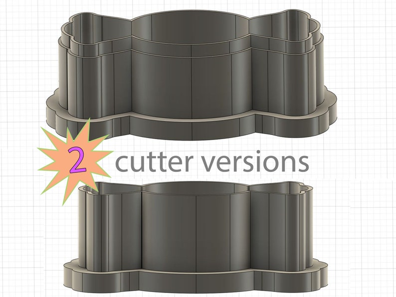 May include: Two versions of a cookie cutter in the shape of a bow tie. The cutter is made of a dark gray plastic.