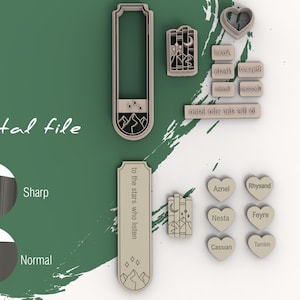 May include: A collection of beige-colored digital file designs, including bookmarks, heart-shaped name tags, and rectangular name tags. The bookmarks feature mountain and star designs, with the text "to the stars who listen". The words "Digital file", "Sharp", and "Normal" are also visible.