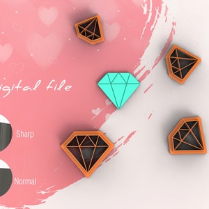 May include: Digital file for a diamond-shaped cookie cutter. The image shows five cookie cutters, four are orange and one is turquoise blue. The image also shows two close-up images of the cookie cutter's edge, one labelled "Sharp" and the other labelled "Normal".