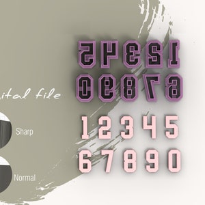 Könnte beinhalten: Ein Satz digitaler Dateien zum Erstellen von 3D-gedruckten Zahlen. Die Zahlen sind in einer fetten, blockartigen Schriftart. Die Zahlen 1, 2, 3, 4, 5, 6, 7, 8, 9 und 0 sind in Pink dargestellt, während die Zahlen 1, 2, 3, 4, 5, 6, 7, 8, 9 und 0 in Lila dargestellt sind.