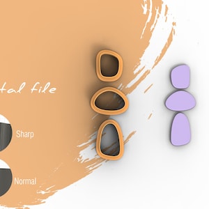 May include: A digital file for a 3D printed design of three stacked, rounded, orange-colored stones. The design is shown next to a purple version of the same design.