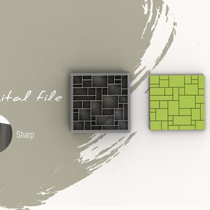 Może przedstawiać: Dwa kwadratowe kafelki, jeden szary, a drugi zielony, z wzorem mniejszych kwadratów. Szary kafelek ma czarny obrys, a zielony kafelek ma czarny obrys i czarne wnętrze. Tekst "Plik cyfrowy" jest napisany na białym tle na szarym tle. Tekst "Sharp" jest napisany na białym tle na szarym tle.