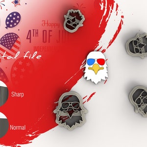 May include: Four cookie cutters in the shape of an eagle wearing sunglasses. The eagle has a white head and a red, white, and blue beak. The sunglasses are red and blue. The cookie cutters are on a white background. The text "Happy 4th of July Independence Day" is in the background.