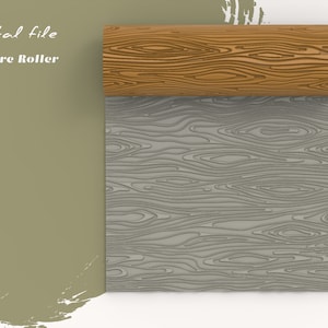 Pode incluir: Um arquivo digital para um rolo de textura de grão de madeira. O rolo está parcialmente desenrolado, revelando um padrão de grão de madeira cinza. O fundo é de cor verde escura.