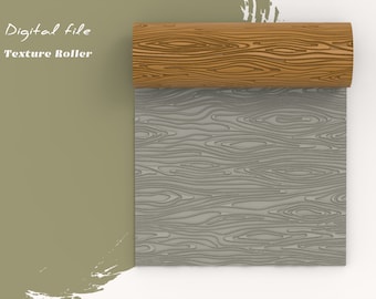 Puede incluir: Un archivo digital para un rodillo de textura de grano de madera. El rodillo está parcialmente desenrollado, revelando un patrón de grano de madera gris. El fondo es de color verde apagado.