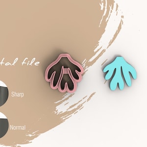 May include: Two cookie cutters, one pink and one blue, shaped like a stylised flower with five petals. Digital file. Sharp and normal edge options.
