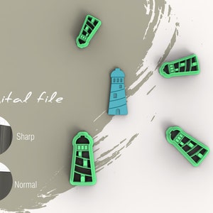 Puede incluir: Un conjunto de cortadores de galletas con forma de faro en color turquesa y verde, con detalles negros. La imagen incluye el texto "Digital file" y una comparación de bordes "Sharp" y "Normal".