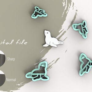 May include: Digital file for a set of five seal cookie cutters. The cutters are in various poses and are a light blue color. The image also shows a close-up of the cutter's edge, highlighting the sharpness of the cut.