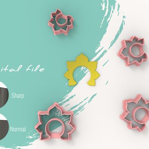 May include: Four cookie cutters in the shape of a flower. The cutters are pink and yellow. The text "Digital file" is visible in the image.
