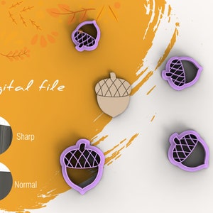 May include: Four acorn-shaped cookie cutters, two are purple and two are brown. The purple cutters are shown on a white background and the brown cutters are shown on a yellow background. The image also shows a close-up of the cutter's edge, showing the difference between a sharp and normal edge.
