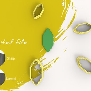 May include: Digital file for a cookie cutter in the shape of a rectangle with rounded corners and decorative details. The cutter is shown in yellow, green, and white. The image also shows a close-up of the cutter's edge, highlighting the sharpness of the cut.