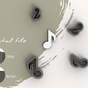 May include: A digital file for a 3D printed cookie cutter set of music notes. The set includes five cookie cutters, four are grey and one is white. The cookie cutters are shown on a white background with a grey and white brushstroke design.