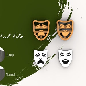 May include: Two sets of comedy and tragedy masks. One set is gold and the other is white with black details. The masks are on a white background.