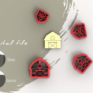 May include: Five red and yellow plastic cookie cutters shaped like barns. The cutters are on a white surface with a brown background. The text "Digital file" is visible in the image.