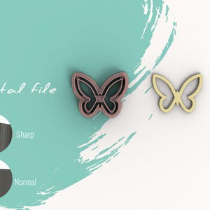 May include: Digital file for a butterfly cookie cutter. The cutter is shown in two views: a 3D rendering and a flat outline. The 3D rendering is a light pink color, while the outline is a light yellow color.