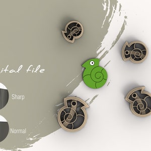 May include: Digital file for a 3D printed design of a green chameleon and four brown nautilus shells. The file is available in both sharp and normal versions.