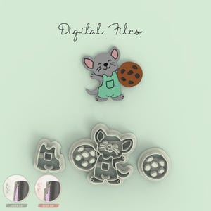 May include: A gray mouse cookie cutter set with a matching illustration of a mouse in green overalls holding a chocolate chip cookie. The set includes separate cutters for the overalls and the cookie, with text labels for Taper Lip and Step Lip.