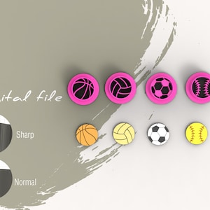 Könnte beinhalten: Digitaler Dateidownload von vier rosafarbenen Ausstechern in Form eines Basketballs, Volleyballs, Fußballs und Baseballs. Die Ausstecher sind neben vier kleineren Bildern der gleichen Sportbälle in Orange, Gelb, Weiß und Gelb dargestellt.
