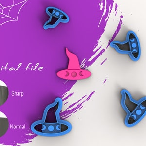 May include: Digital file for a set of four witch hat cookie cutters. The cutters are blue and pink and feature a crescent moon design. The image shows the cutters on a purple and white background.