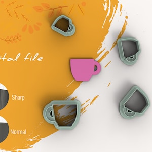 May include: Digital file for a cookie cutter in the shape of a coffee cup. The cutter is shown in grey and pink. The image also shows a close-up of the cutter's edge, highlighting the sharpness of the cut.