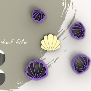 Può includere: Cinque stampini per biscotti di diverse dimensioni a forma di conchiglie. Gli stampini sono viola e gialli. Il testo "File digitale" è visibile nell'immagine.