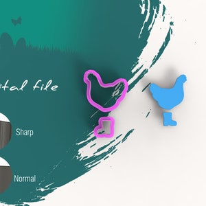 Könnte beinhalten: Digitale Datei für einen 3D-gedruckten Ausstecher in Form eines Huhns mit Stiefeln. Der Ausstecher ist in Pink dargestellt und daneben ist ein blaues 3D-gedrucktes Huhn mit Stiefeln zu sehen. Das Bild zeigt auch eine Nahaufnahme der Kante des Ausstechers, mit einer scharfen und einer normalen Option.