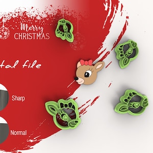 May include: A digital file with a red and white Christmas theme. The image features a reindeer face and cookie cutter designs. Text includes "Merry Christmas" and "Digital file."