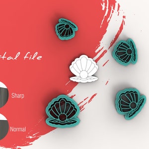 May include: Digital file for a seashell cookie cutter. The image shows five cookie cutters, four are teal blue and one is white. The cookie cutters are on a white and red background. The text "Digital file" is on the red background.