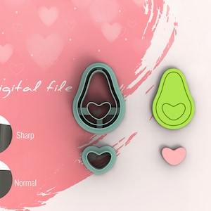 May include: A set of three cookie cutters in the shape of an avocado with a heart inside. The cutters are green, blue, and pink. The text "Digital file" is visible in the image.
