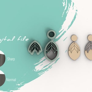 Könnte beinhalten: Digitale Datei für ein Paar Ohrringe mit einem Blattdesign. Die Ohrringe sind aus hellbraunem Material gefertigt und haben ein graues Blattdesign. Die Datei ist sowohl in scharfer als auch in normaler Version verfügbar.
