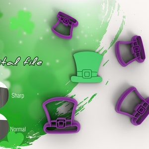 May include: Five digital files for a leprechaun hat cookie cutter. The cutters are in green and purple. The files are available in sharp and normal versions. Digital file.