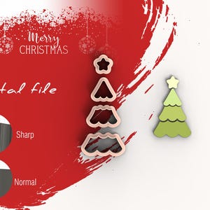 May include: Digital file for a Christmas tree cookie cutter. The cutter is pink and has a star on top. The image also shows a green Christmas tree cookie cutter.