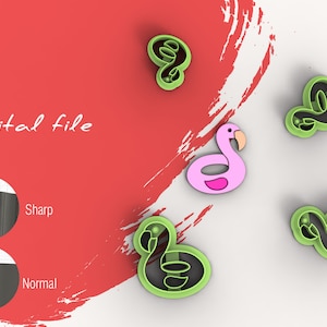 May include: Digital file for a set of four cookie cutters. The cutters are shaped like a flamingo and a heart. The flamingo is pink and the heart is green. The cutters are shown on a white background.