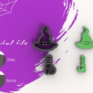 May include: Four Halloween-themed cookie cutters: a black witch hat, a green witch hat, a black witch boot, and a green witch boot.  The cutters are on a white surface.  The text "Digital file" is visible in the image.
