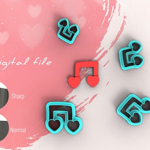 May include: Digital file for a set of five cookie cutters shaped like music notes with hearts. The cutters are blue and black, with one cutter in red. The cutters are shown on a pink background with hearts.