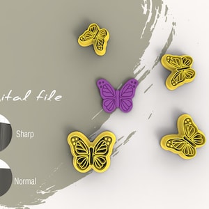 May include: Five butterfly-shaped cookie cutters, four are yellow and one is purple. The cookie cutters are on a white surface with a grey background. The text "Digital file" is written in black on the grey background.
