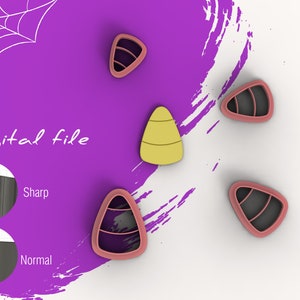 May include: Digital file download of five candy corn cookie cutters. The cutters are pink and black with a yellow candy corn in the centre. The image also shows a close-up of the file format options, sharp or normal.