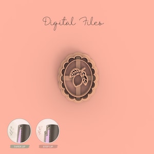 Può includere: Tagliapasta color beige a forma di cornice ovale con un disegno di limone e foglie. Le parole "Digital Files" sono scritte in corsivo in alto. Due piccoli diagrammi circolari in basso mostrano il bordo del tagliapasta.