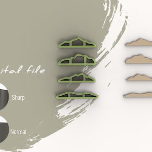 May include: Digital file download of a mountain range cookie cutter. The image shows the cutter in green and a preview of the cut-out shape in brown.